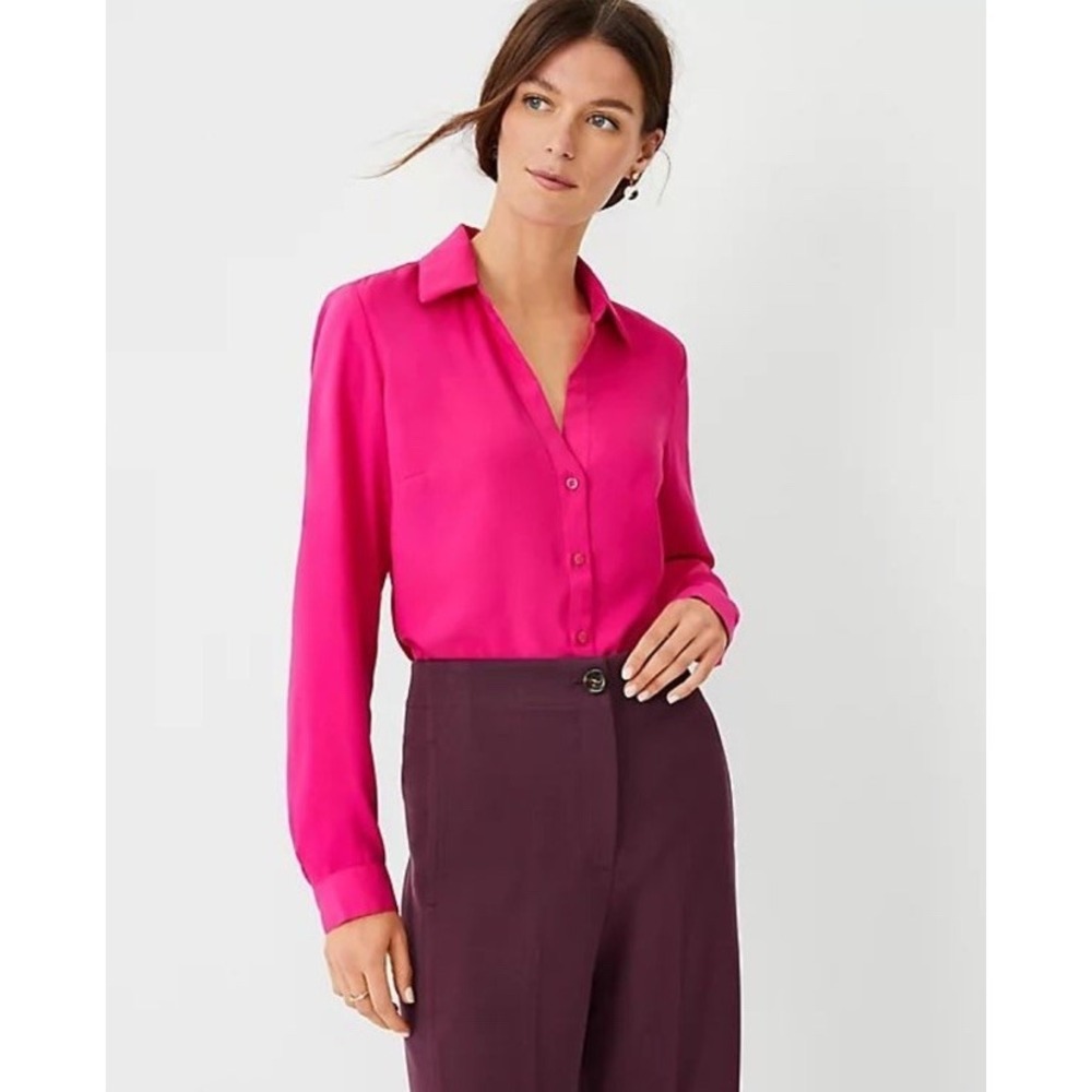 Ann Taylor Loft Womens XS Petite V-Neck Long Sleeve Top Hot Pink Fuchsia Shirt